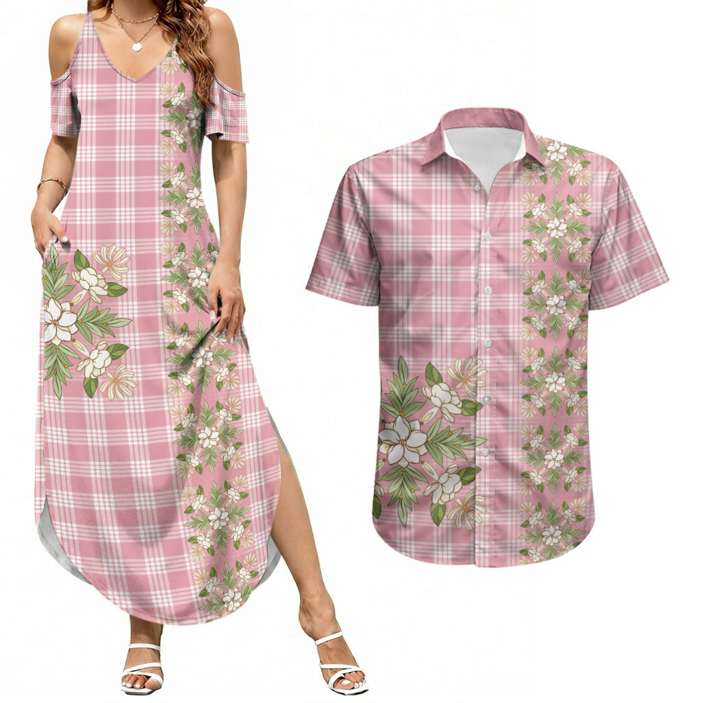 Akala Hamele Hawai'i Palaka Squares Maile Leaf Couples Matching Summer Maxi Dress and Hawaiian Shirt Flowers Hawaiian Quilt Patterns