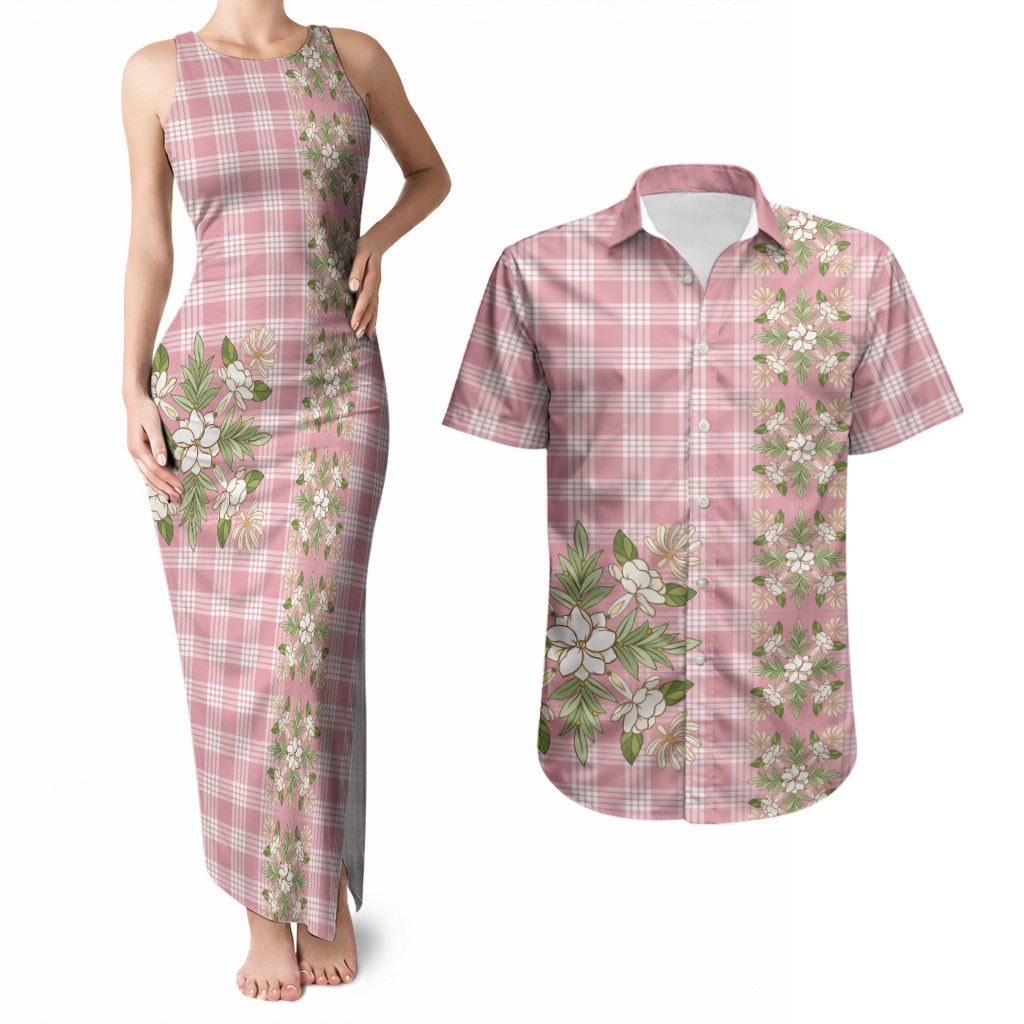Akala Hamele Hawai'i Palaka Squares Maile Leaf Couples Matching Tank Maxi Dress and Hawaiian Shirt Flowers Hawaiian Quilt Patterns LT9 Dusty Rose - Polynesian Pride