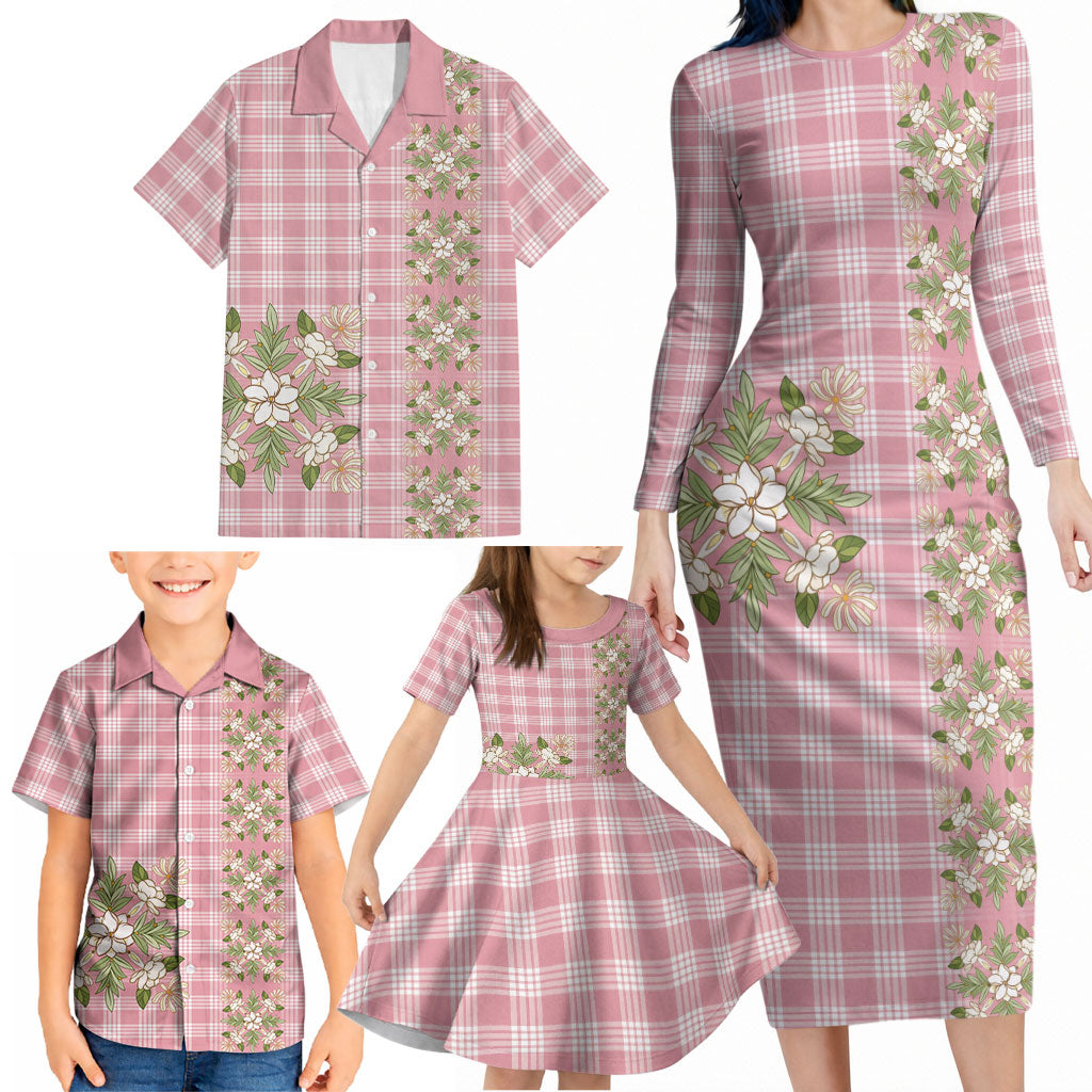 Akala Hamele Hawai'i Palaka Squares Maile Leaf Family Matching Long Sleeve Bodycon Dress and Hawaiian Shirt Flowers Hawaiian Quilt Patterns