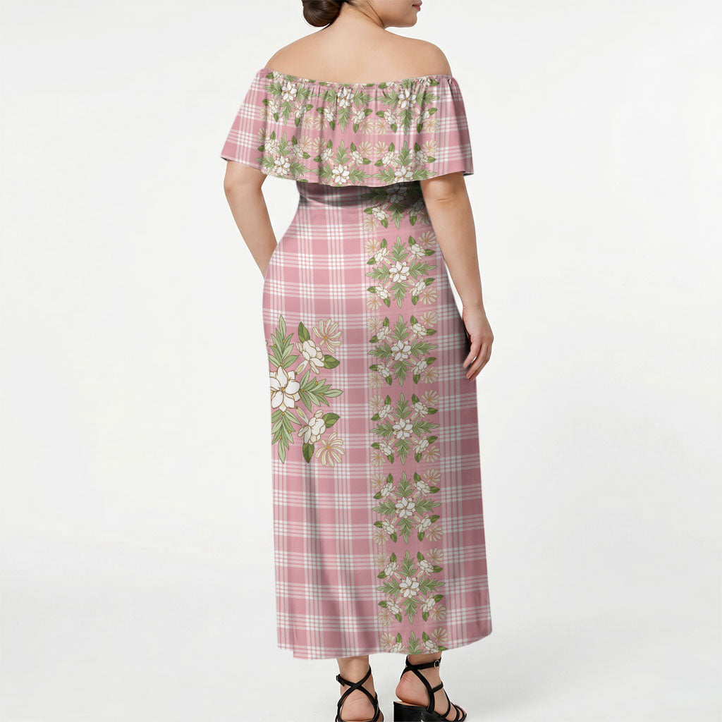 Akala Hamele Hawai'i Palaka Squares Maile Leaf Off Shoulder Maxi Dress Flowers Hawaiian Quilt Patterns