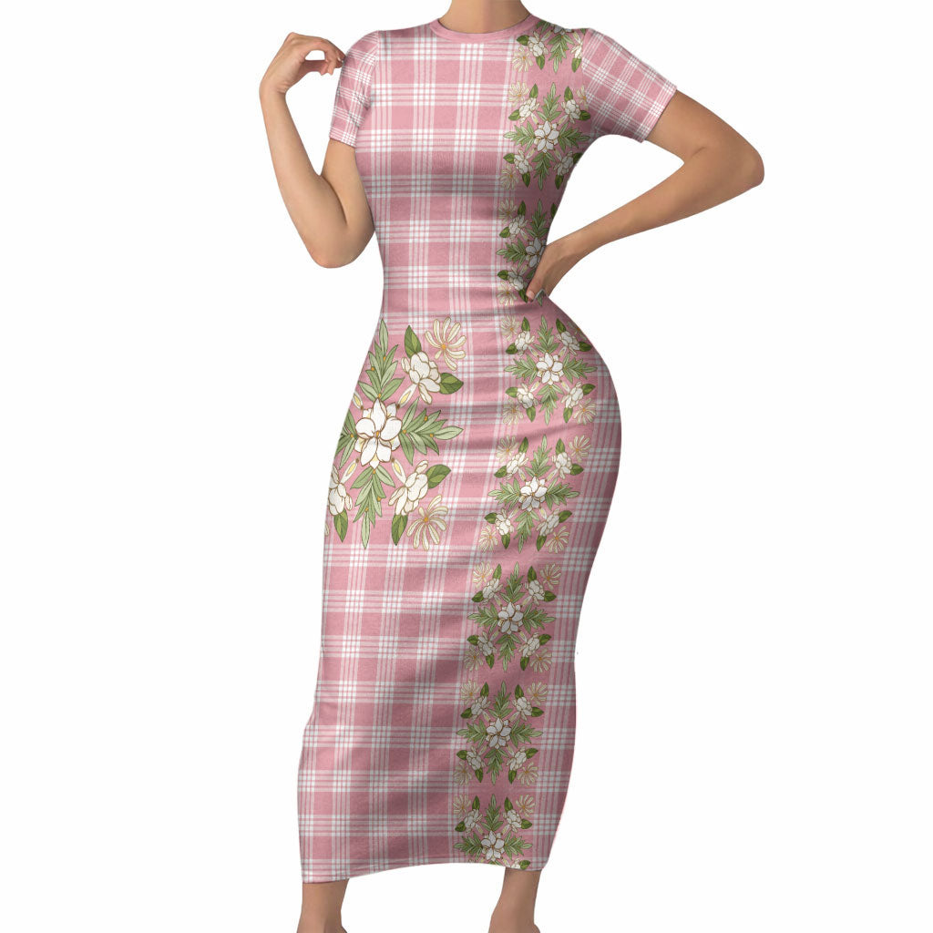 Akala Hamele Hawai'i Palaka Squares Maile Leaf Short Sleeve Bodycon Dress Flowers Hawaiian Quilt Patterns