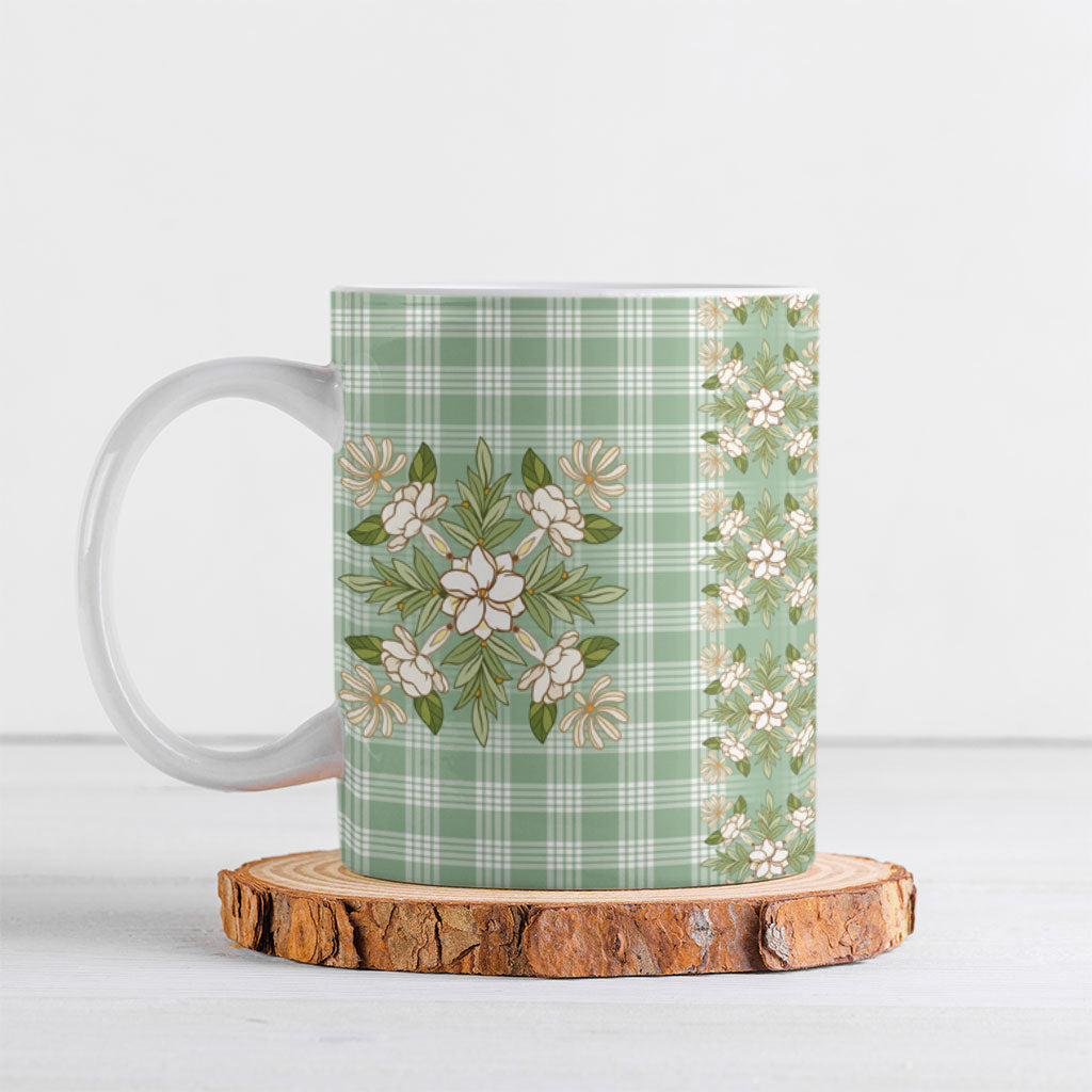 Liko Kukui Hawai'i Palaka Squares Maile Leaf Ceramic Mug Flowers Hawaiian Quilt Patterns LT9 Sage Green - Polynesian Pride