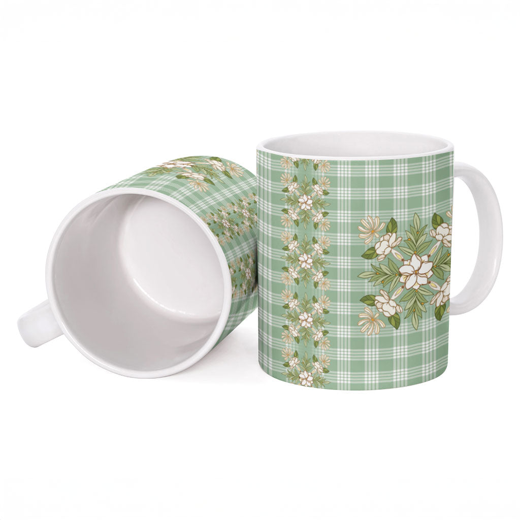 Liko Kukui Hawai'i Palaka Squares Maile Leaf Ceramic Mug Flowers Hawaiian Quilt Patterns