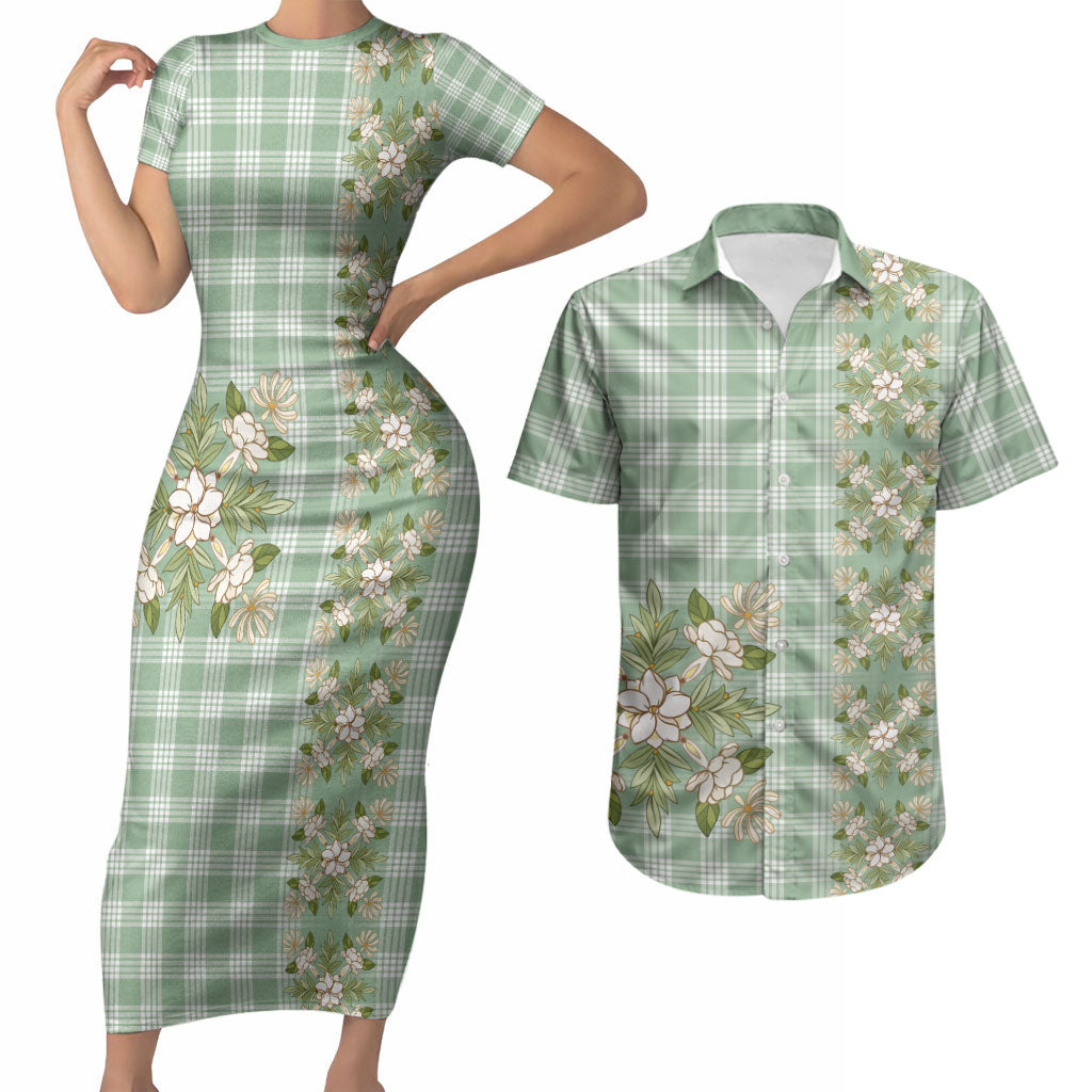Liko Kukui Hawai'i Palaka Squares Maile Leaf Couples Matching Short Sleeve Bodycon Dress and Hawaiian Shirt Flowers Hawaiian Quilt Patterns