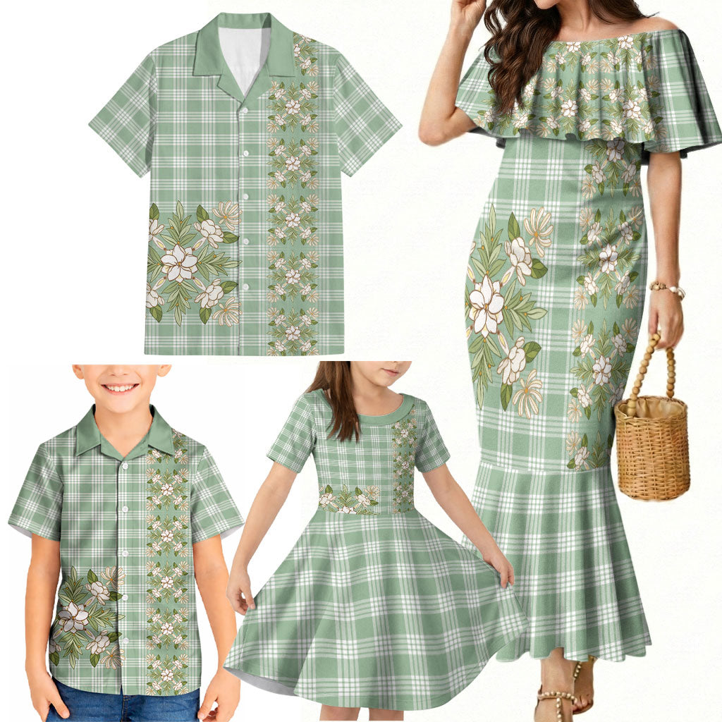 Liko Kukui Hawai'i Palaka Squares Maile Leaf Family Matching Mermaid Dress and Hawaiian Shirt Flowers Hawaiian Quilt Patterns LT9 - Polynesian Pride