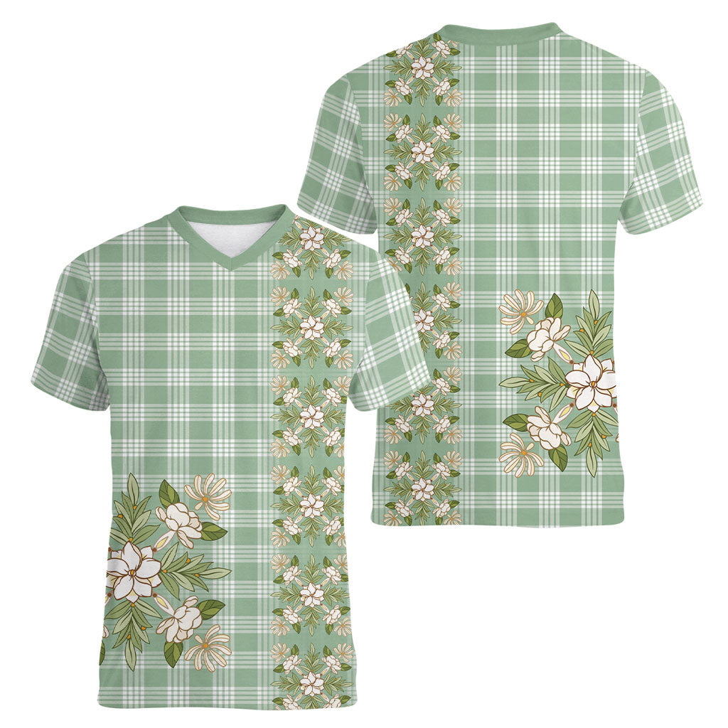 Liko Kukui Hawai'i Palaka Squares Maile Leaf Women V-Neck T-Shirt Flowers Hawaiian Quilt Patterns