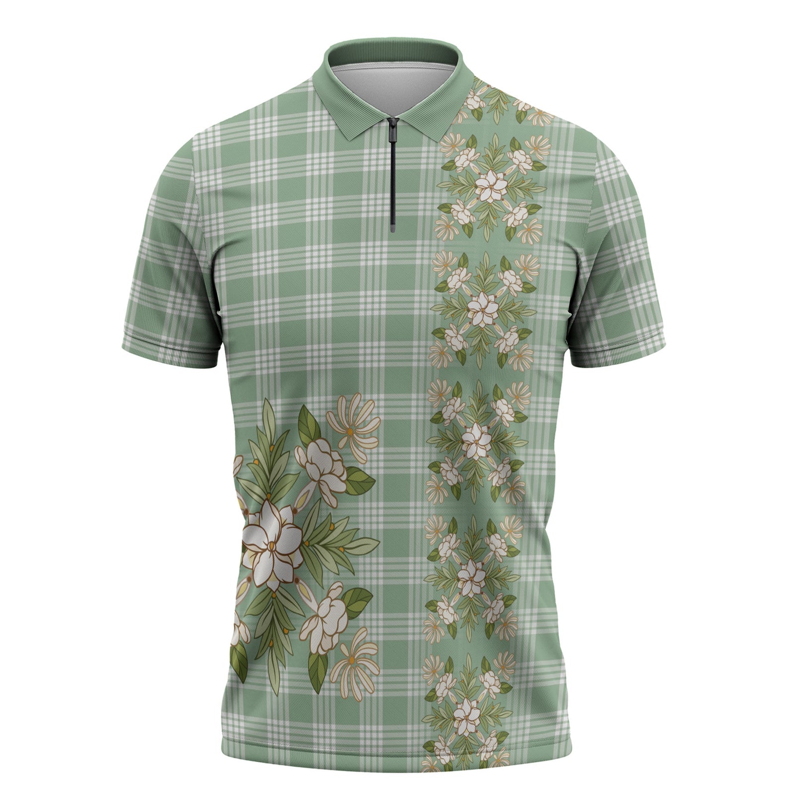 Liko Kukui Hawai'i Palaka Squares Maile Leaf Zipper Polo Shirt Flowers Hawaiian Quilt Patterns LT9 Sage Green - Polynesian Pride