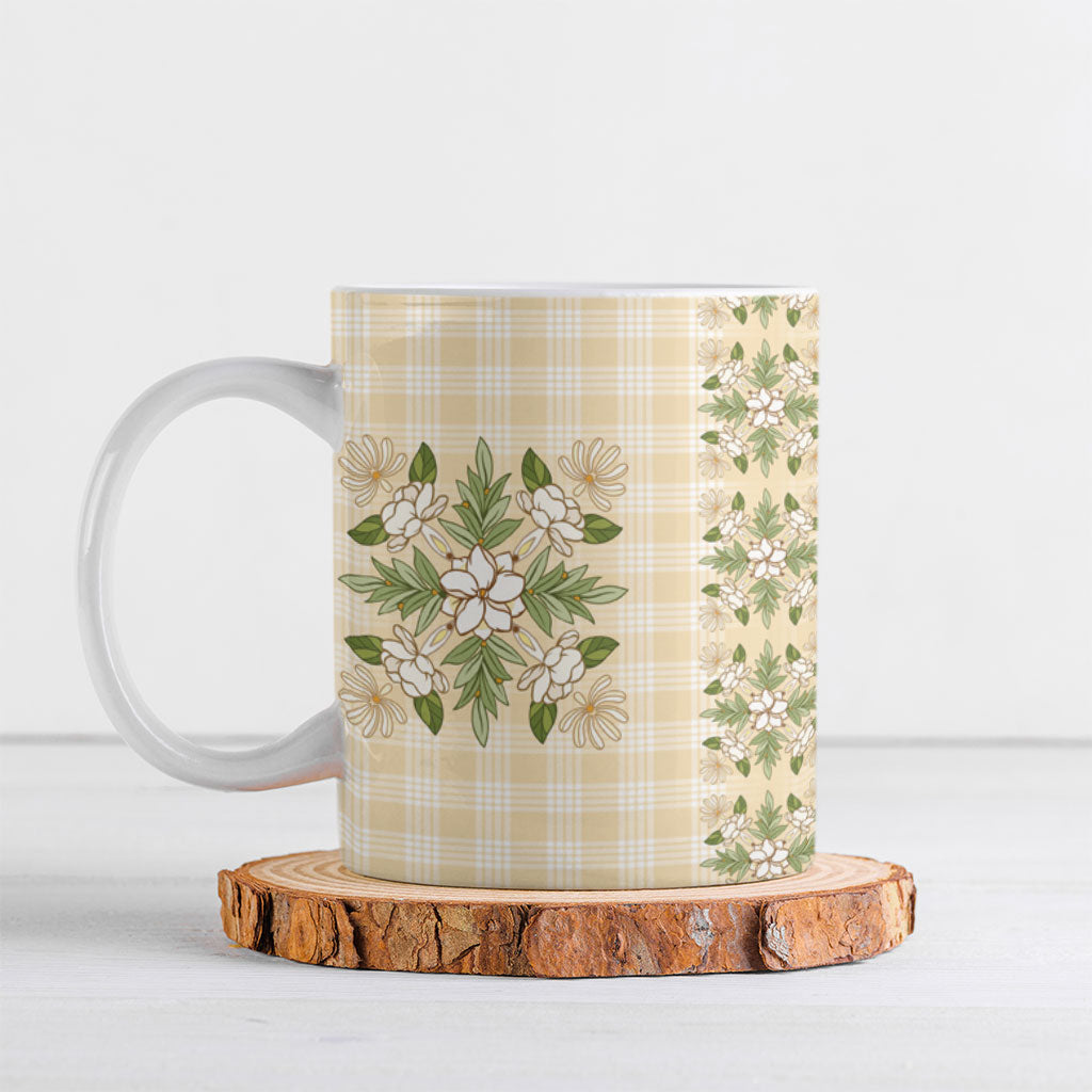 Melemele Ahiahia Hawai'i Palaka Squares Maile Leaf Ceramic Mug Flowers Hawaiian Quilt Patterns