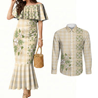 Melemele Ahiahia Hawai'i Palaka Squares Maile Leaf Couples Matching Mermaid Dress and Long Sleeve Button Shirt Flowers Hawaiian Quilt Patterns