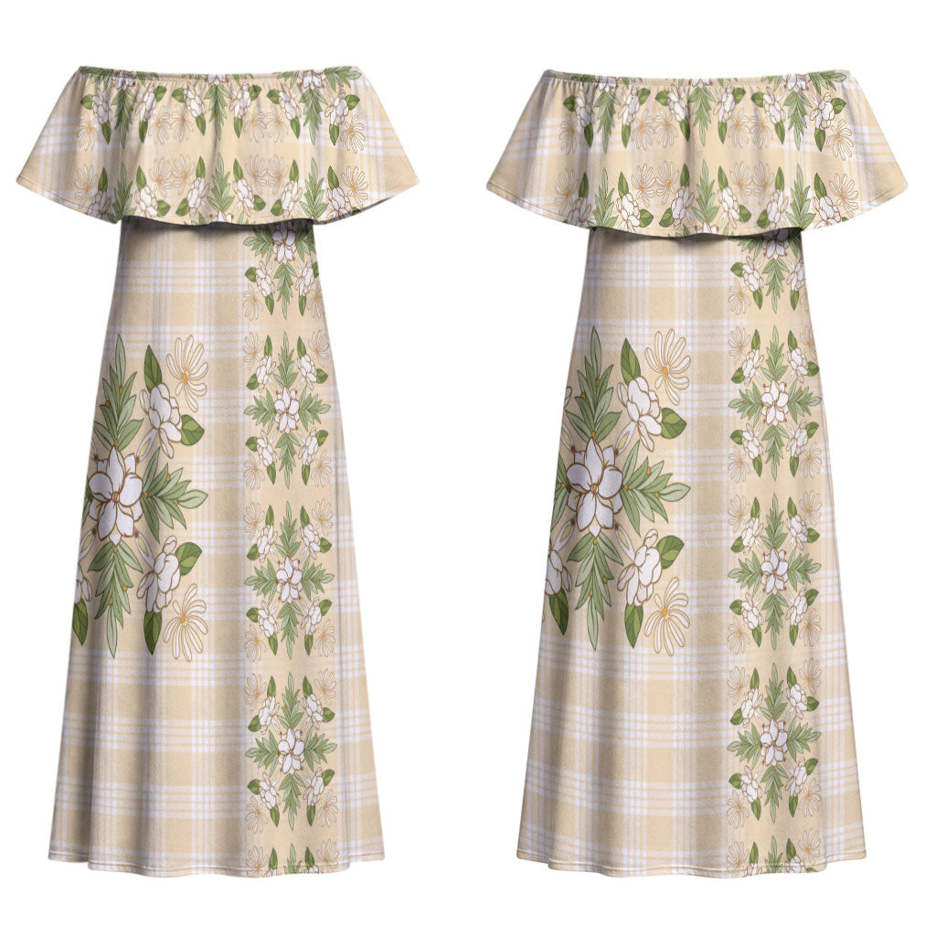 Melemele Ahiahia Hawai'i Palaka Squares Maile Leaf Couples Matching Off Shoulder Maxi Dress and Hawaiian Shirt Flowers Hawaiian Quilt Patterns