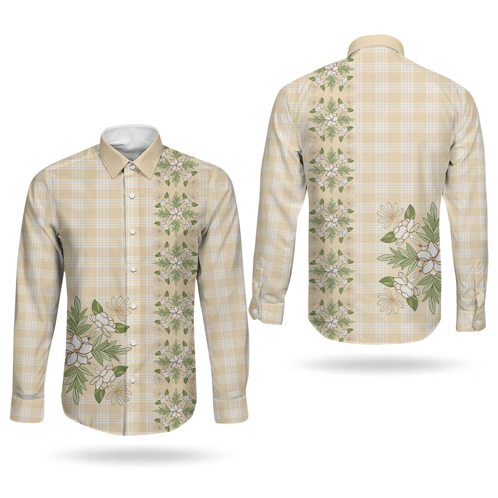 Melemele Ahiahia Hawai'i Palaka Squares Maile Leaf Couples Matching Off Shoulder Maxi Dress and Long Sleeve Button Shirt Flowers Hawaiian Quilt Patterns