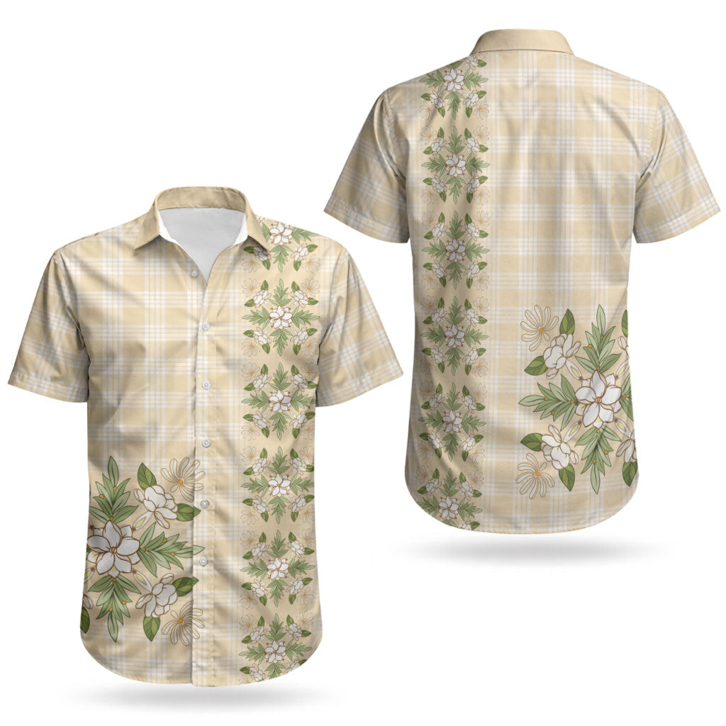 Melemele Ahiahia Hawai'i Palaka Squares Maile Leaf Couples Matching Off Shoulder Short Dress and Hawaiian Shirt Flowers Hawaiian Quilt Patterns