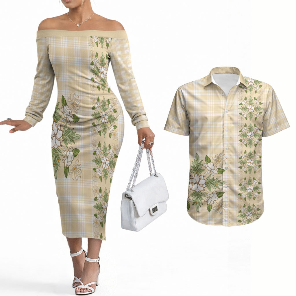 Melemele Ahiahia Hawai'i Palaka Squares Maile Leaf Couples Matching Off The Shoulder Long Sleeve Dress and Hawaiian Shirt Flowers Hawaiian Quilt Patterns