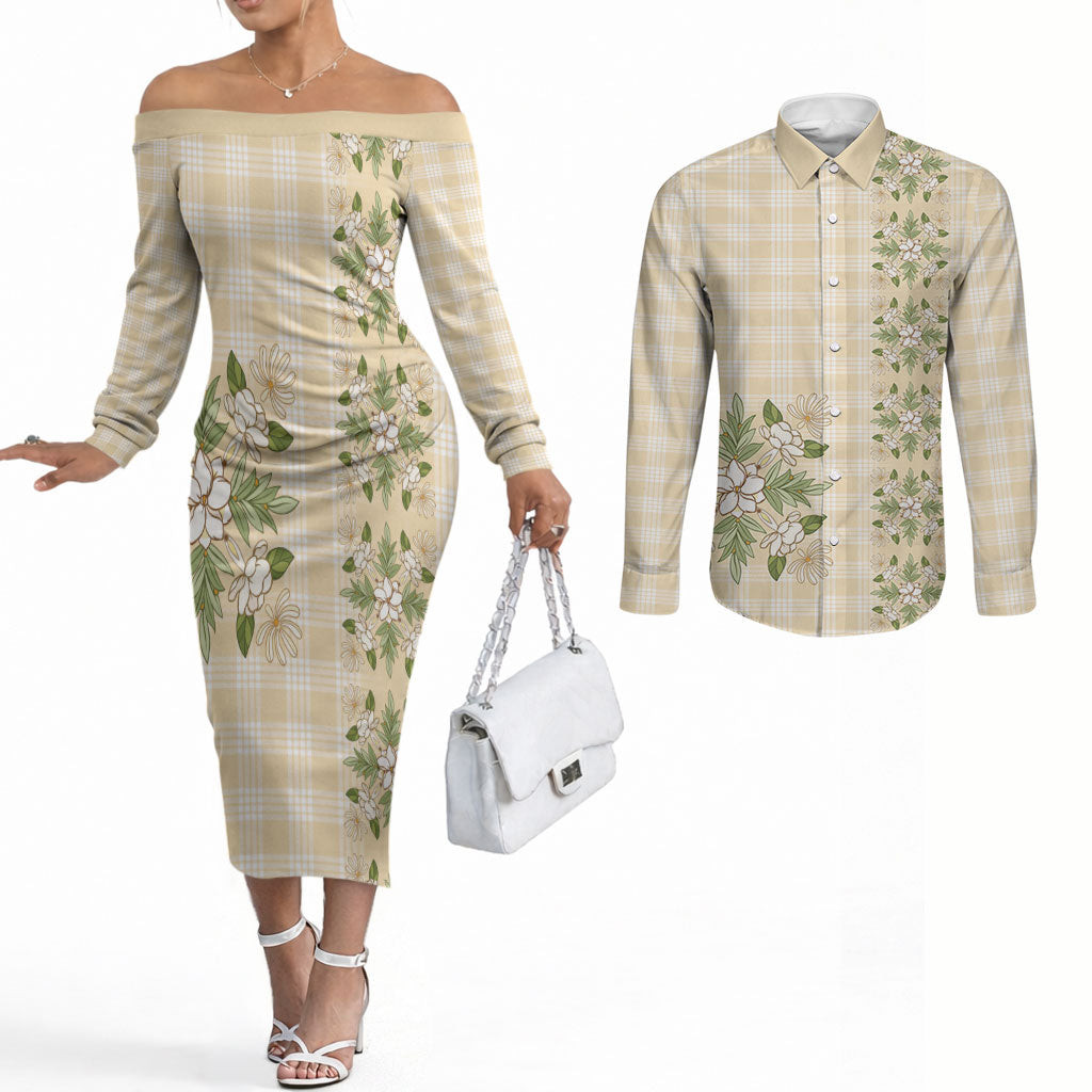 Melemele Ahiahia Hawai'i Palaka Squares Maile Leaf Couples Matching Off The Shoulder Long Sleeve Dress and Long Sleeve Button Shirt Flowers Hawaiian Quilt Patterns
