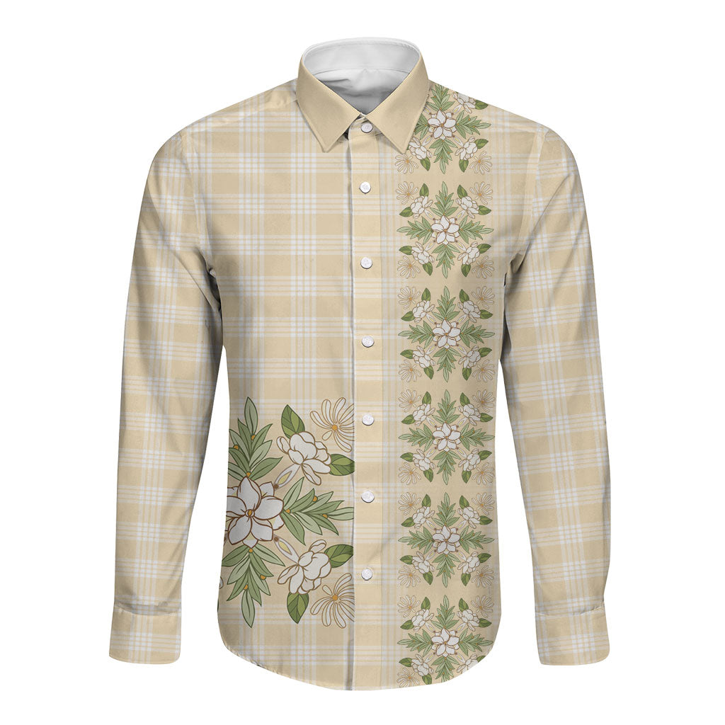 Melemele Ahiahia Hawai'i Palaka Squares Maile Leaf Long Sleeve Button Shirt Flowers Hawaiian Quilt Patterns LT9 Unisex Pastel Yellow - Polynesian Pride