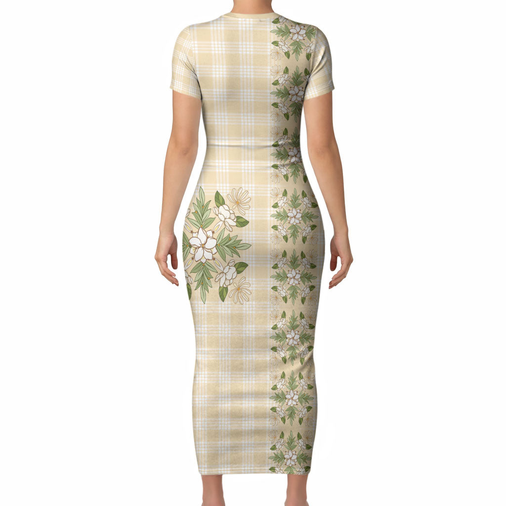 Melemele Ahiahia Hawai'i Palaka Squares Maile Leaf Short Sleeve Bodycon Dress Flowers Hawaiian Quilt Patterns