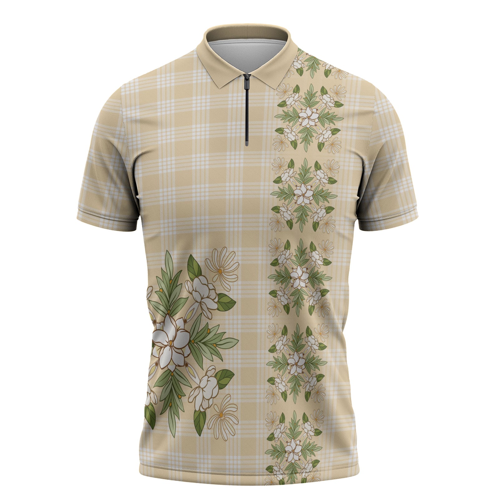 Melemele Ahiahia Hawai'i Palaka Squares Maile Leaf Zipper Polo Shirt Flowers Hawaiian Quilt Patterns LT9 Pastel Yellow - Polynesian Pride