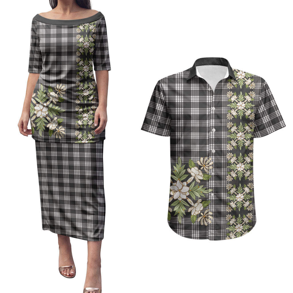 Pauli Hawai'i Palaka Squares Maile Leaf Couples Matching Puletasi and Hawaiian Shirt Flowers Hawaiian Quilt Patterns LT9 Soft Black - Polynesian Pride