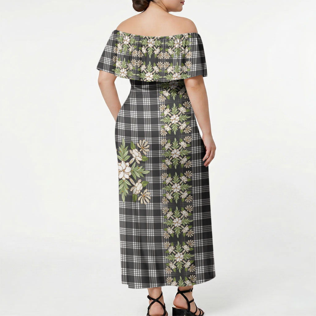 Pauli Hawai'i Palaka Squares Maile Leaf Off Shoulder Maxi Dress Flowers Hawaiian Quilt Patterns