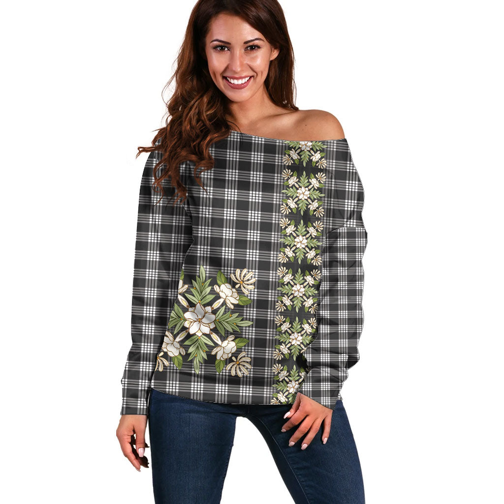 Pauli Hawai'i Palaka Squares Maile Leaf Off Shoulder Sweater Flowers Hawaiian Quilt Patterns LT9 Women Soft Black - Polynesian Pride