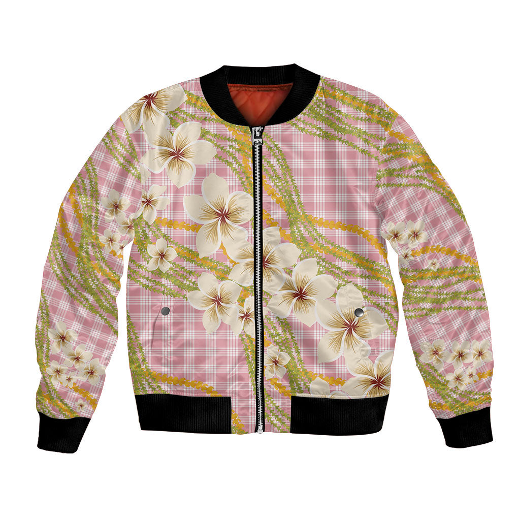 Akala Hamele Palaka Plumeria Bomber Jacket Puakenikeni and Maile Lei LT9 Unisex Dusty Rose - Polynesian Pride