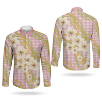 Akala Hamele Palaka Plumeria Couples Matching Mermaid Dress and Long Sleeve Button Shirt Puakenikeni and Maile Lei
