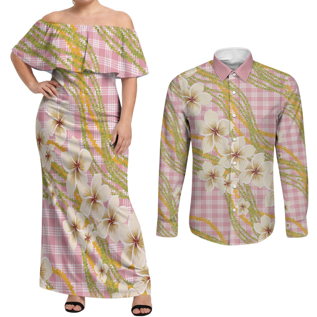 Akala Hamele Palaka Plumeria Couples Matching Off Shoulder Maxi Dress and Long Sleeve Button Shirt Puakenikeni and Maile Lei