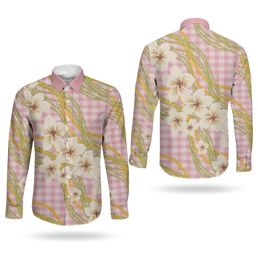 Akala Hamele Palaka Plumeria Couples Matching Summer Maxi Dress and Long Sleeve Button Shirt Puakenikeni and Maile Lei