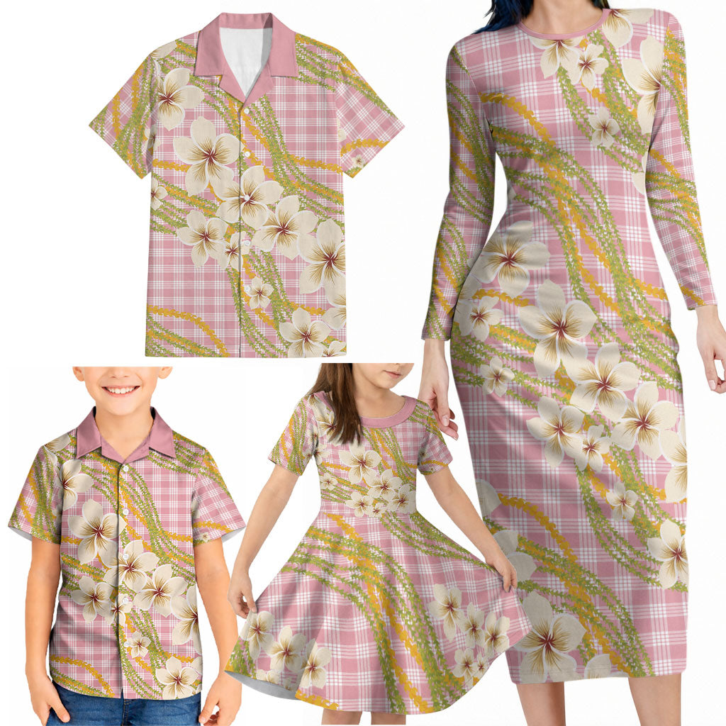 Akala Hamele Palaka Plumeria Family Matching Long Sleeve Bodycon Dress and Hawaiian Shirt Puakenikeni and Maile Lei