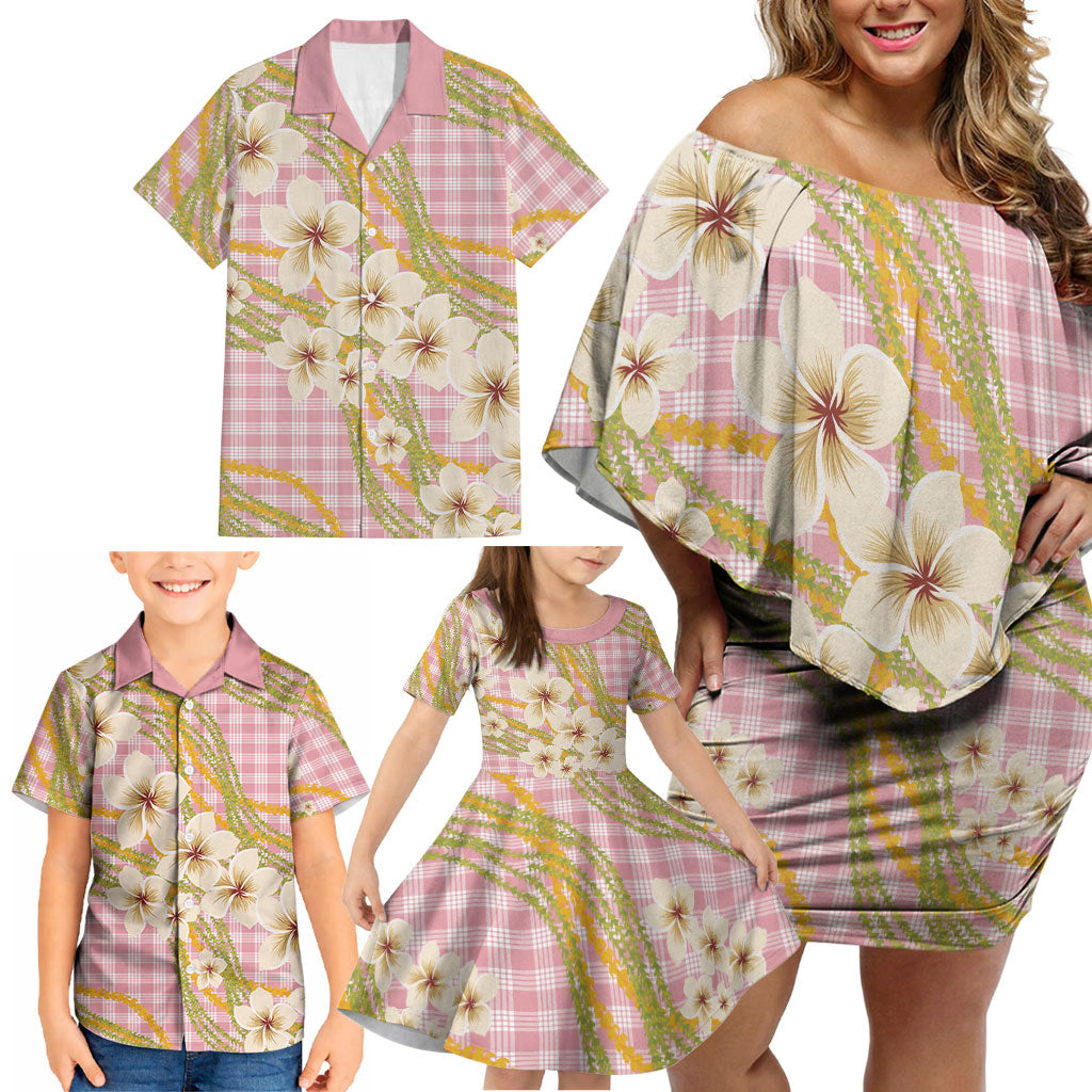Akala Hamele Palaka Plumeria Family Matching Off Shoulder Short Dress and Hawaiian Shirt Puakenikeni and Maile Lei