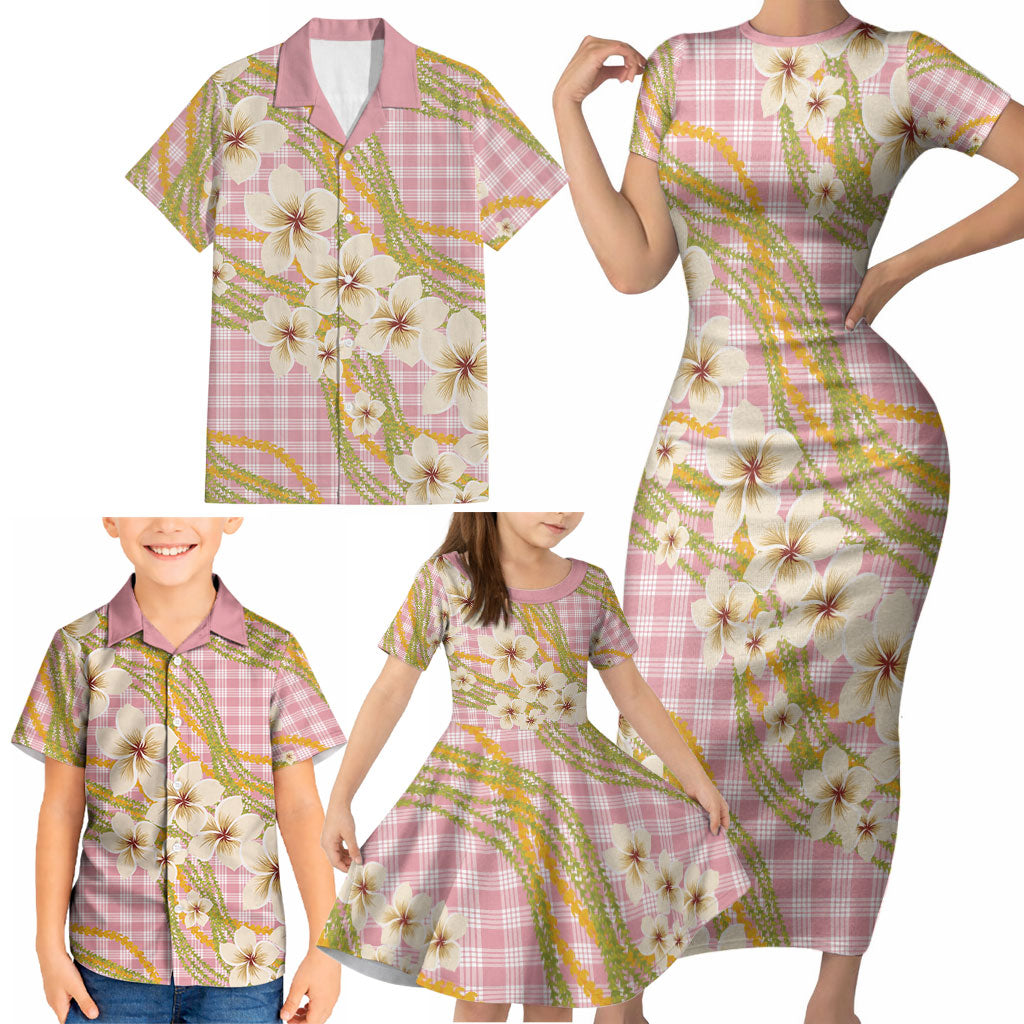 Akala Hamele Palaka Plumeria Family Matching Short Sleeve Bodycon Dress and Hawaiian Shirt Puakenikeni and Maile Lei LT9 - Polynesian Pride