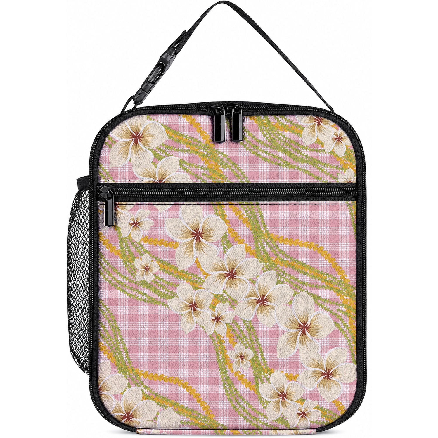 Akala Hamele Palaka Plumeria Lunch Bag Puakenikeni and Maile Lei LT9 10.2 × 8.3 × 4.3 inch Dusty Rose - Polynesian Pride