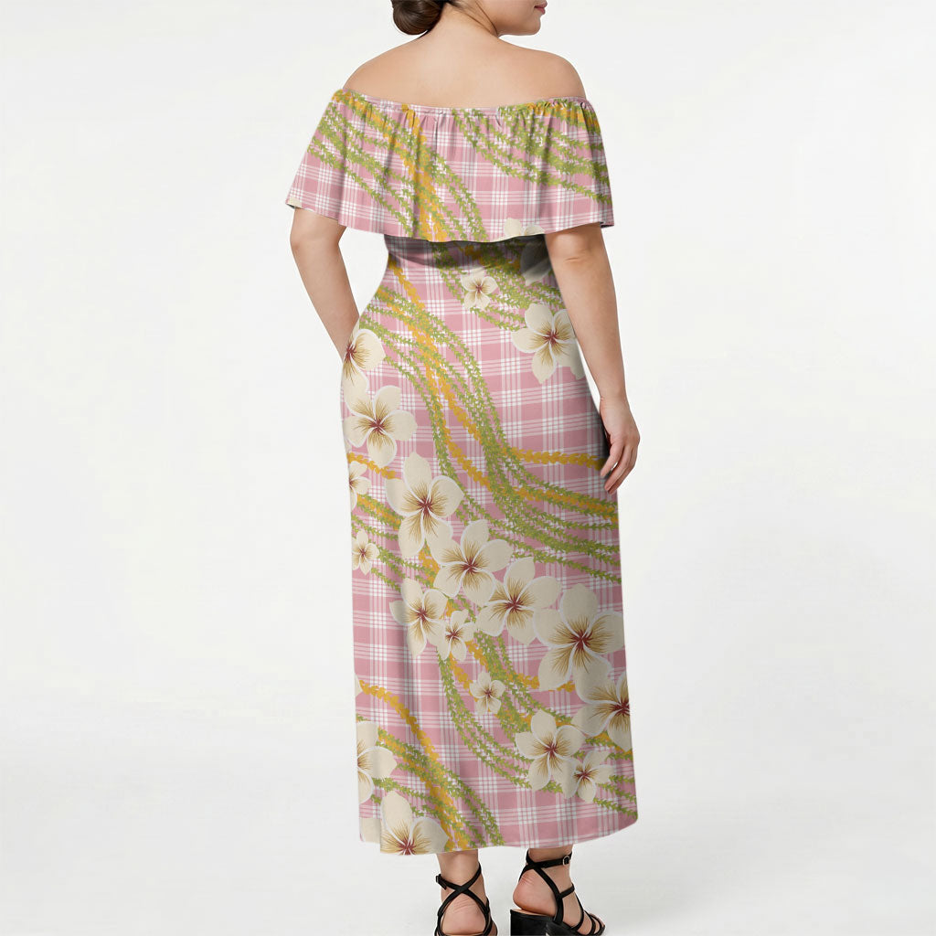 Akala Hamele Palaka Plumeria Off Shoulder Maxi Dress Puakenikeni and Maile Lei