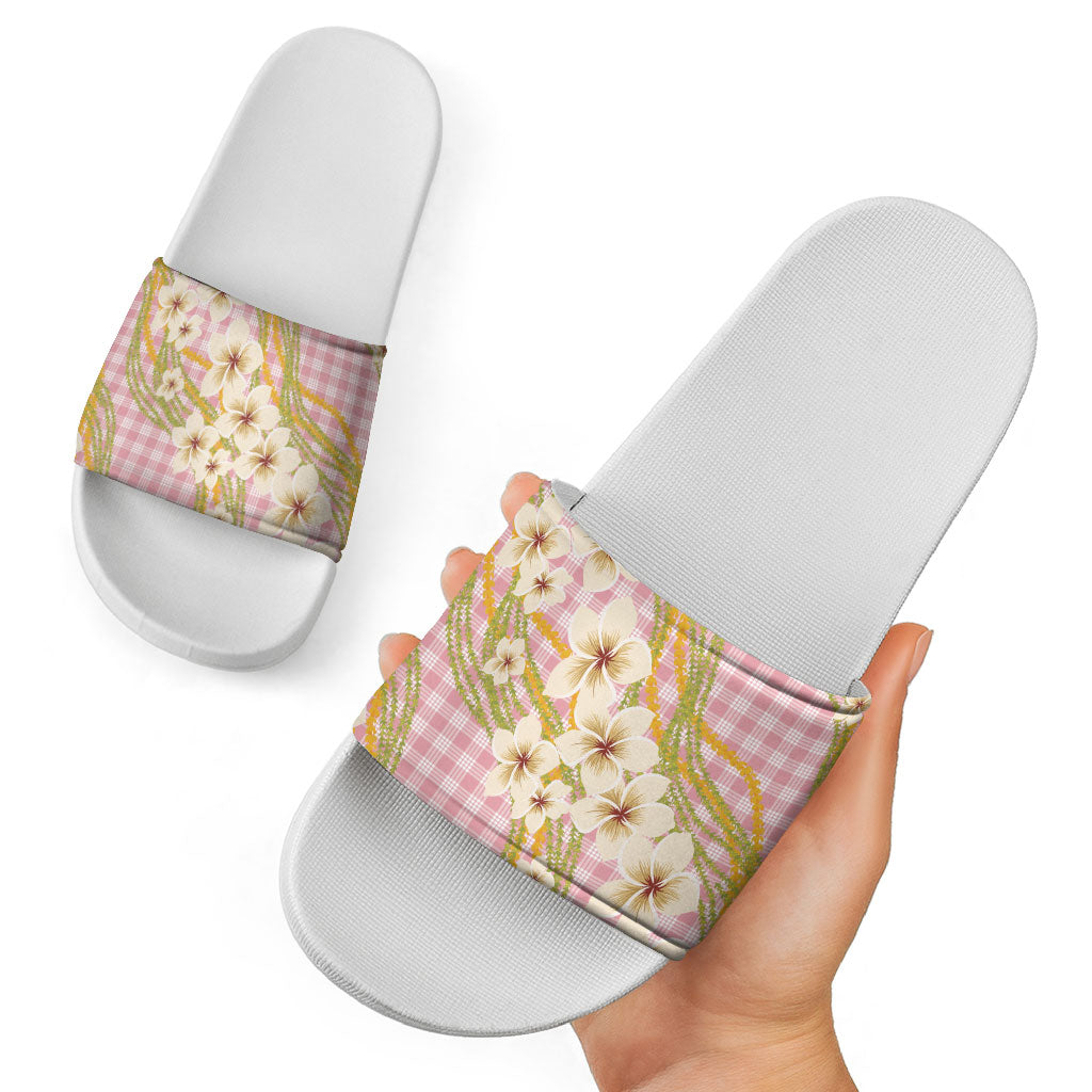 Akala Hamele Palaka Plumeria Slide Sandals Puakenikeni and Maile Lei