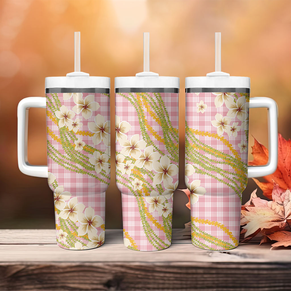 Akala Hamele Palaka Plumeria Tumbler With Handle Puakenikeni and Maile Lei
