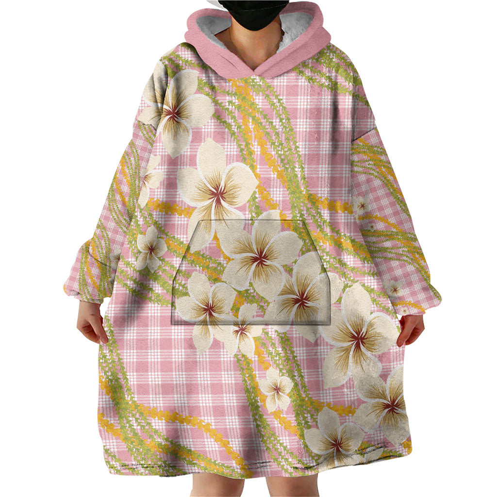Akala Hamele Palaka Plumeria Wearable Blanket Hoodie Puakenikeni and Maile Lei