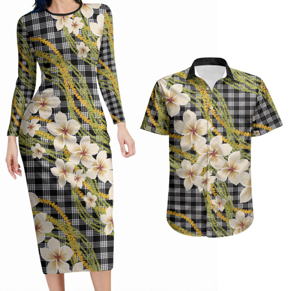 Ele'ele Hawai'i Palaka Plumeria Couples Matching Long Sleeve Bodycon Dress and Hawaiian Shirt Puakenikeni and Maile Lei LT9 Black - Polynesian Pride