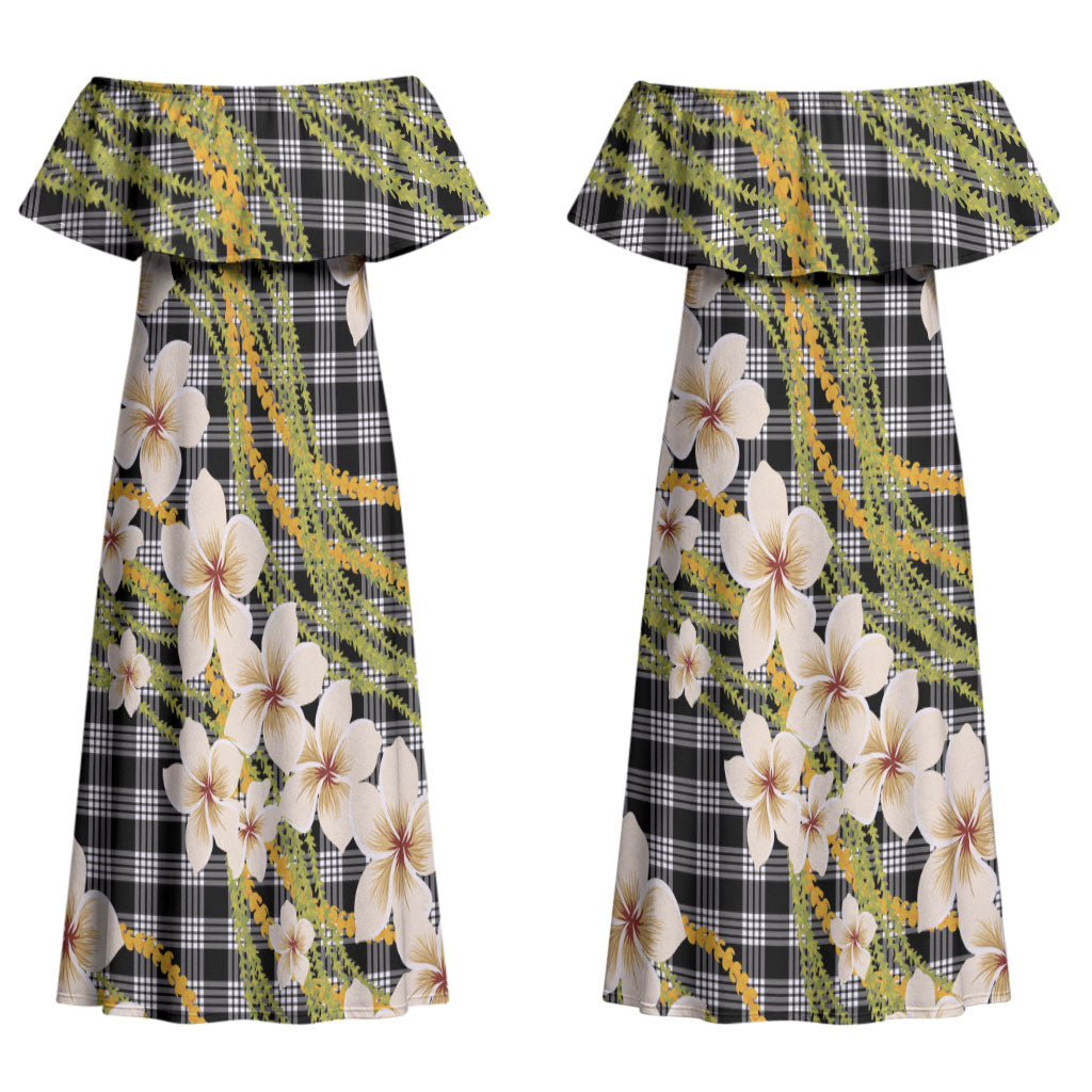 Ele'ele Hawai'i Palaka Plumeria Couples Matching Off Shoulder Maxi Dress and Long Sleeve Button Shirt Puakenikeni and Maile Lei