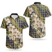 Ele'ele Hawai'i Palaka Plumeria Couples Matching Off Shoulder Short Dress and Hawaiian Shirt Puakenikeni and Maile Lei