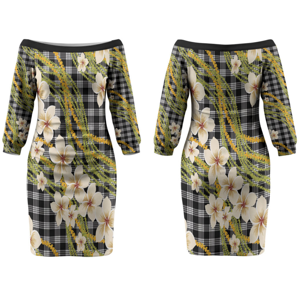 Ele'ele Hawai'i Palaka Plumeria Couples Matching Off The Shoulder Long Sleeve Dress and Hawaiian Shirt Puakenikeni and Maile Lei