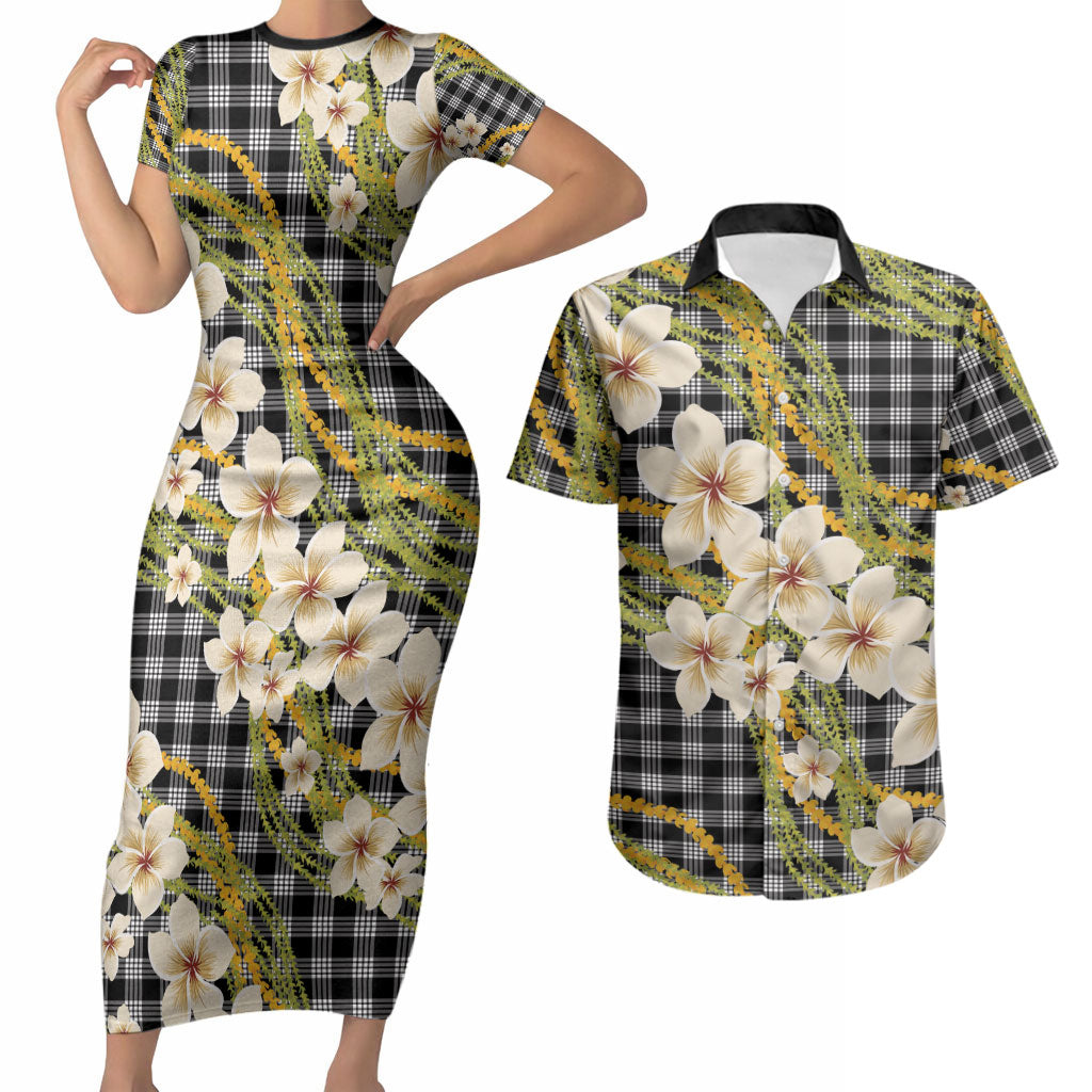 Ele'ele Hawai'i Palaka Plumeria Couples Matching Short Sleeve Bodycon Dress and Hawaiian Shirt Puakenikeni and Maile Lei