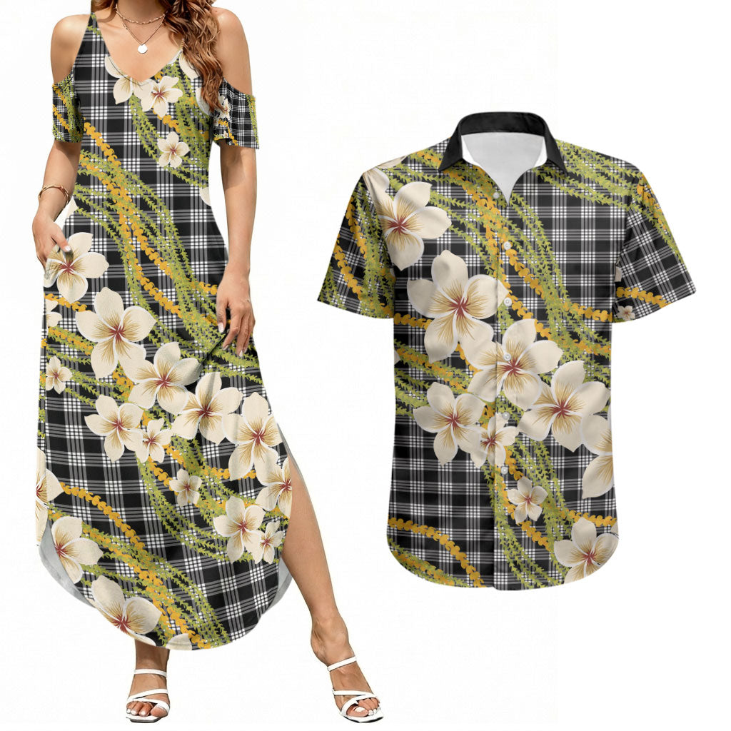 Ele'ele Hawai'i Palaka Plumeria Couples Matching Summer Maxi Dress and Hawaiian Shirt Puakenikeni and Maile Lei LT9 Black - Polynesian Pride