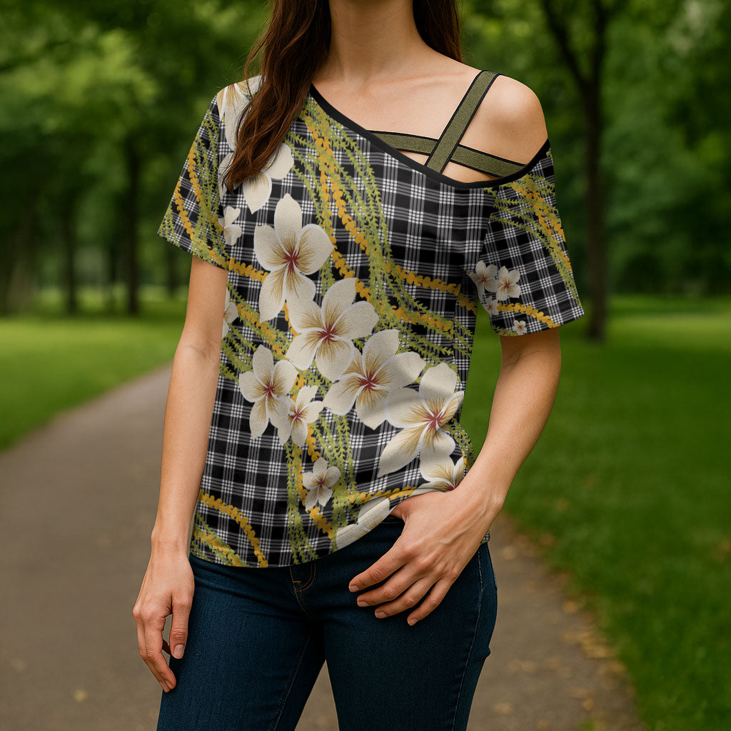 Ele'ele Hawai'i Palaka Plumeria Cross Shoulder Shirt Puakenikeni and Maile Lei