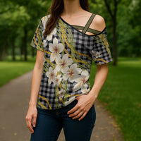 Ele'ele Hawai'i Palaka Plumeria Cross Shoulder Shirt Puakenikeni and Maile Lei
