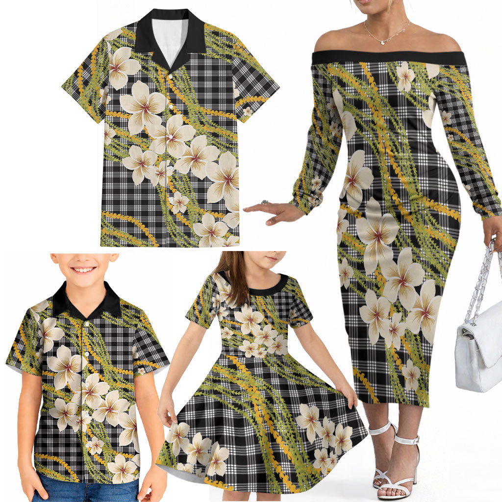 Ele'ele Hawai'i Palaka Plumeria Family Matching Off The Shoulder Long Sleeve Dress and Hawaiian Shirt Puakenikeni and Maile Lei