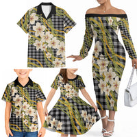 Ele'ele Hawai'i Palaka Plumeria Family Matching Off The Shoulder Long Sleeve Dress and Hawaiian Shirt Puakenikeni and Maile Lei