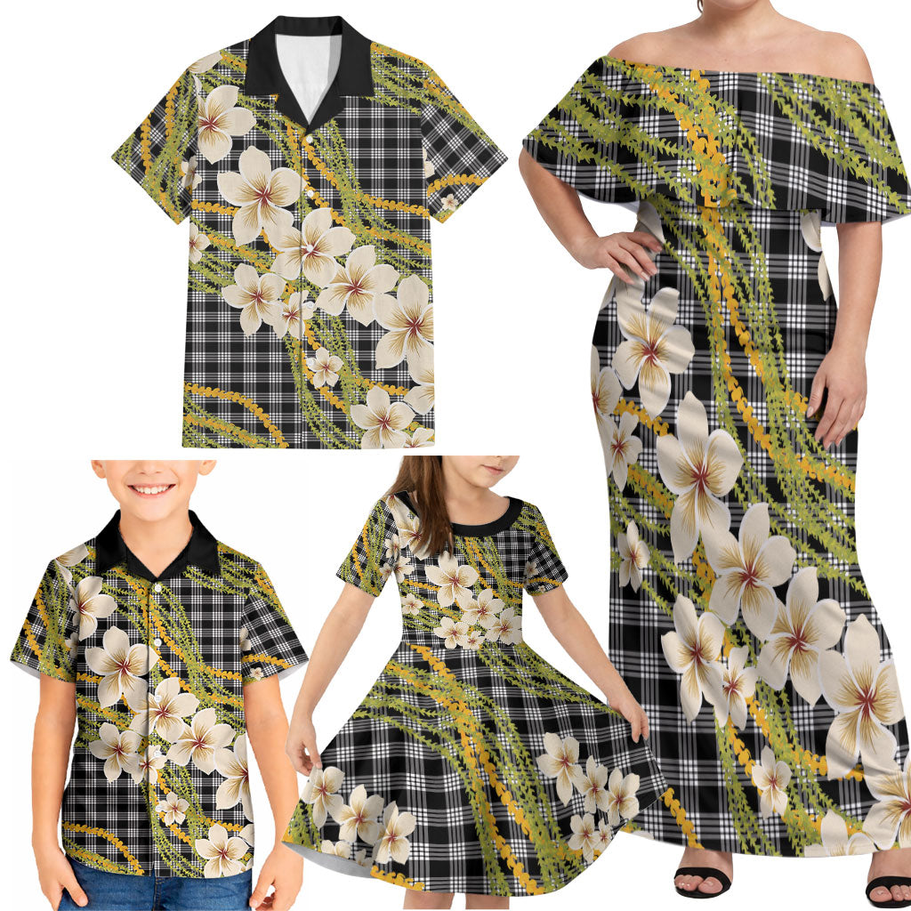 Ele'ele Hawai'i Palaka Plumeria Family Matching Off Shoulder Maxi Dress and Hawaiian Shirt Puakenikeni and Maile Lei