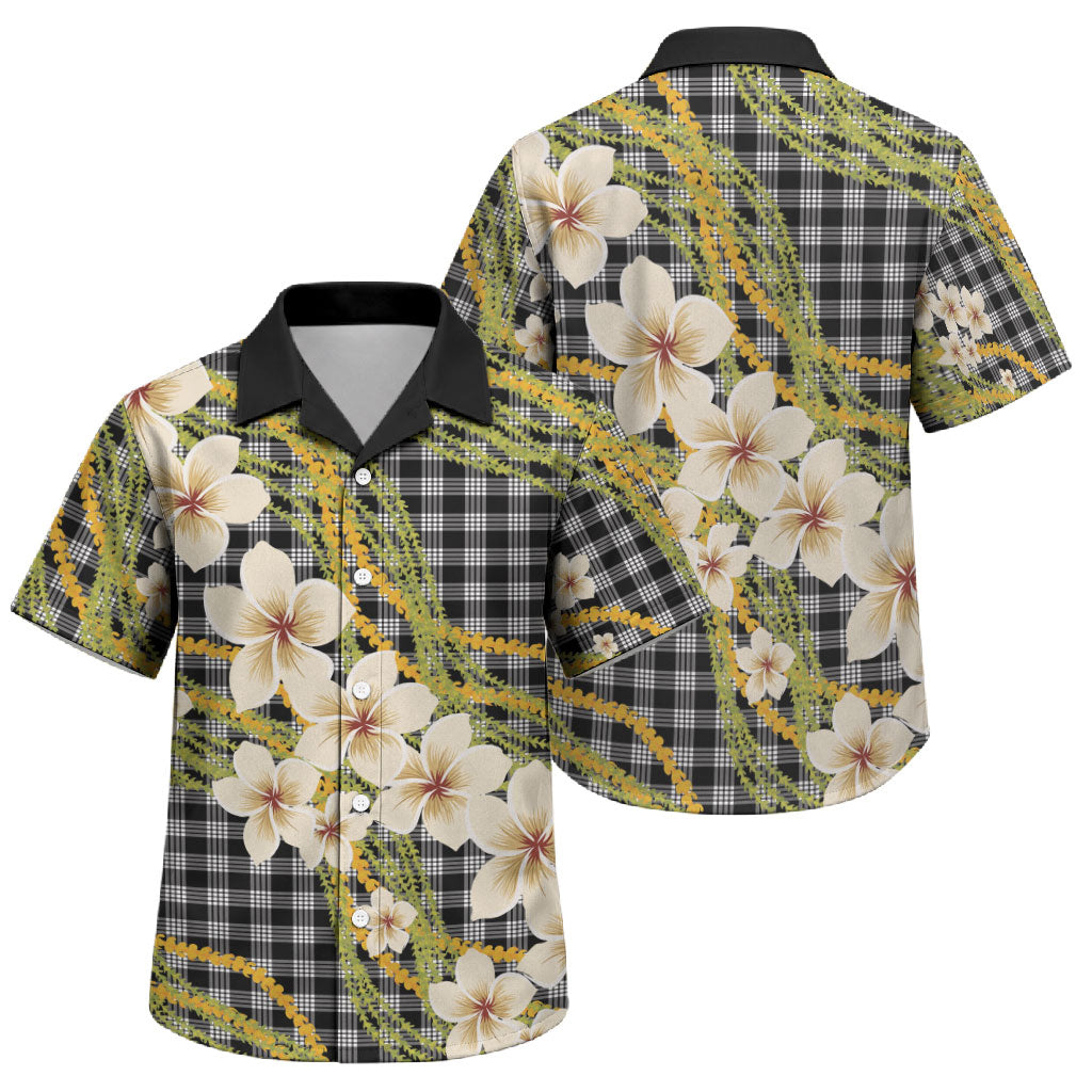 Ele'ele Hawai'i Palaka Plumeria Family Matching Off Shoulder Short Dress and Hawaiian Shirt Puakenikeni and Maile Lei