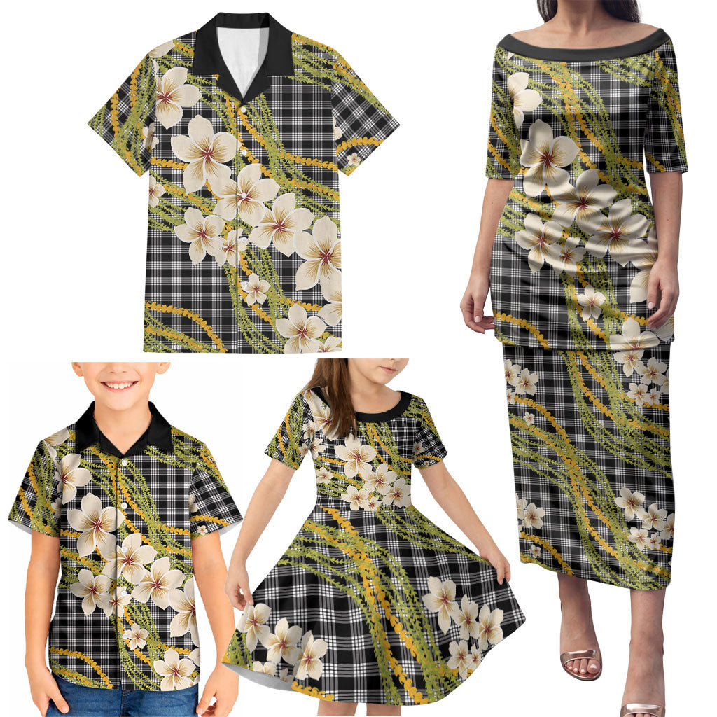 Ele'ele Hawai'i Palaka Plumeria Family Matching Puletasi and Hawaiian Shirt Puakenikeni and Maile Lei