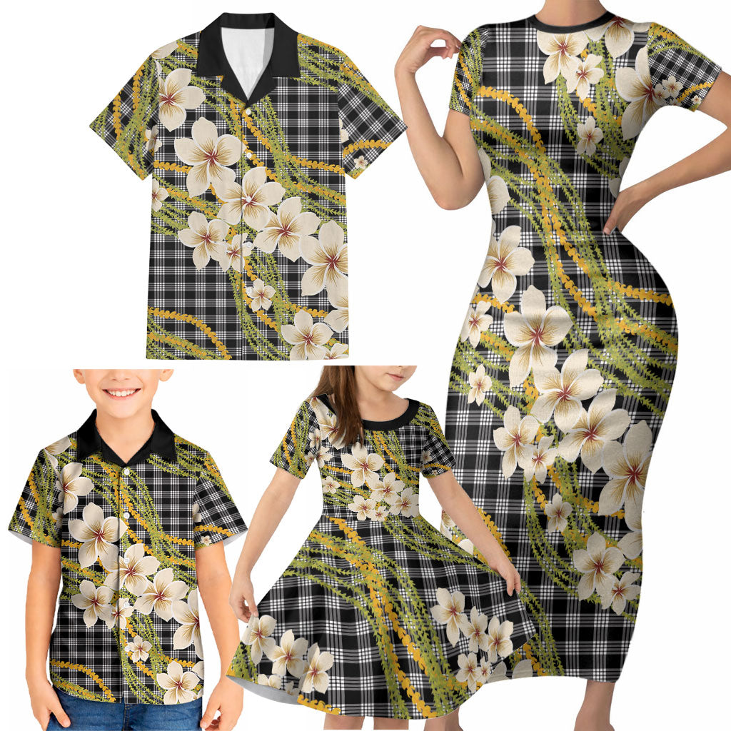 Ele'ele Hawai'i Palaka Plumeria Family Matching Short Sleeve Bodycon Dress and Hawaiian Shirt Puakenikeni and Maile Lei